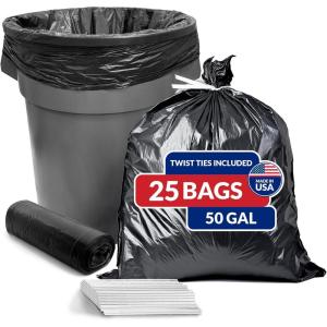 imageReli 50 Gallon Trash Bags 25 Count  Black  Twist Ties Included  Extra Tough LeakProof Heavy Duty Garbage Bags  Ideal for Large Clean Ups
