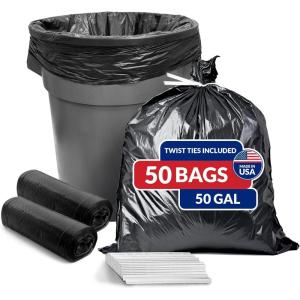 imageReli 50 Gallon Trash Bags 50 Count  Black  Twist Ties Included  Extra Tough LeakProof Heavy Duty Garbage Bags  Ideal for Large Clean Ups