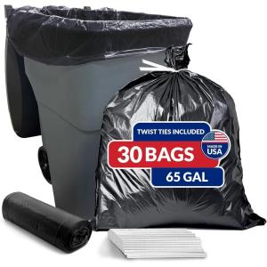 imageReli 65 Gallon Trash Bags 30 Count  Black  Twist Ties Included  Extra Tough LeakProof Heavy Duty Garbage Bags  Ideal for Large Clean Ups