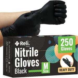 imageReli Black Nitrile Gloves Medium  250 Pack Heavy Duty Disposable Gloves 5 mil  Powder Free Latex Free  SingleUse  Premium Nitrile Material for Automotive Cleaning Cooking  Food Safe