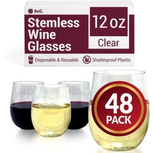 imageReli Disposable Wine Glasses 48 Pack 12oz Plastic Stemless Wine Glasses Disposable  Clear and Stemless for Parties Cocktails Whiskey Weddings  Shatterproof