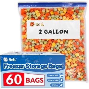 image:imageReli 2 Gallon Freezer Bags 60pk  Resealable Freezer Storage 2 Gal Size  Food Storage Resealable Bags  LeakProof Double Zipper MicrowaveSafe WriteOn Label BPA Free