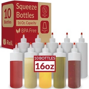 image:imageReli Plastic Squeeze Bottles 16 oz  10 Pack  Clear with Red Tip Cap  Condiment Squeeze Bottles for Sauces  16 Ounce Hot Sauce Ketchup  Condiments Olive Oil  BPA Free